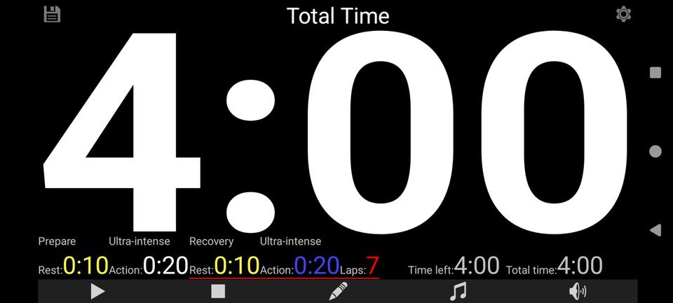 Sports Timer in landscape: four minutes left, with the blocks of the session below